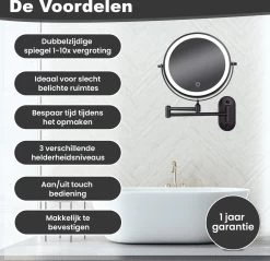 Make Up - Spiegel - Led Verlichting - 10X Vergroting - 3 Lichtstanden - Wandspiegel Rond - Badkamer - Mat Zwart - Draadloos -Cosmetic Verkoop 1200x1160