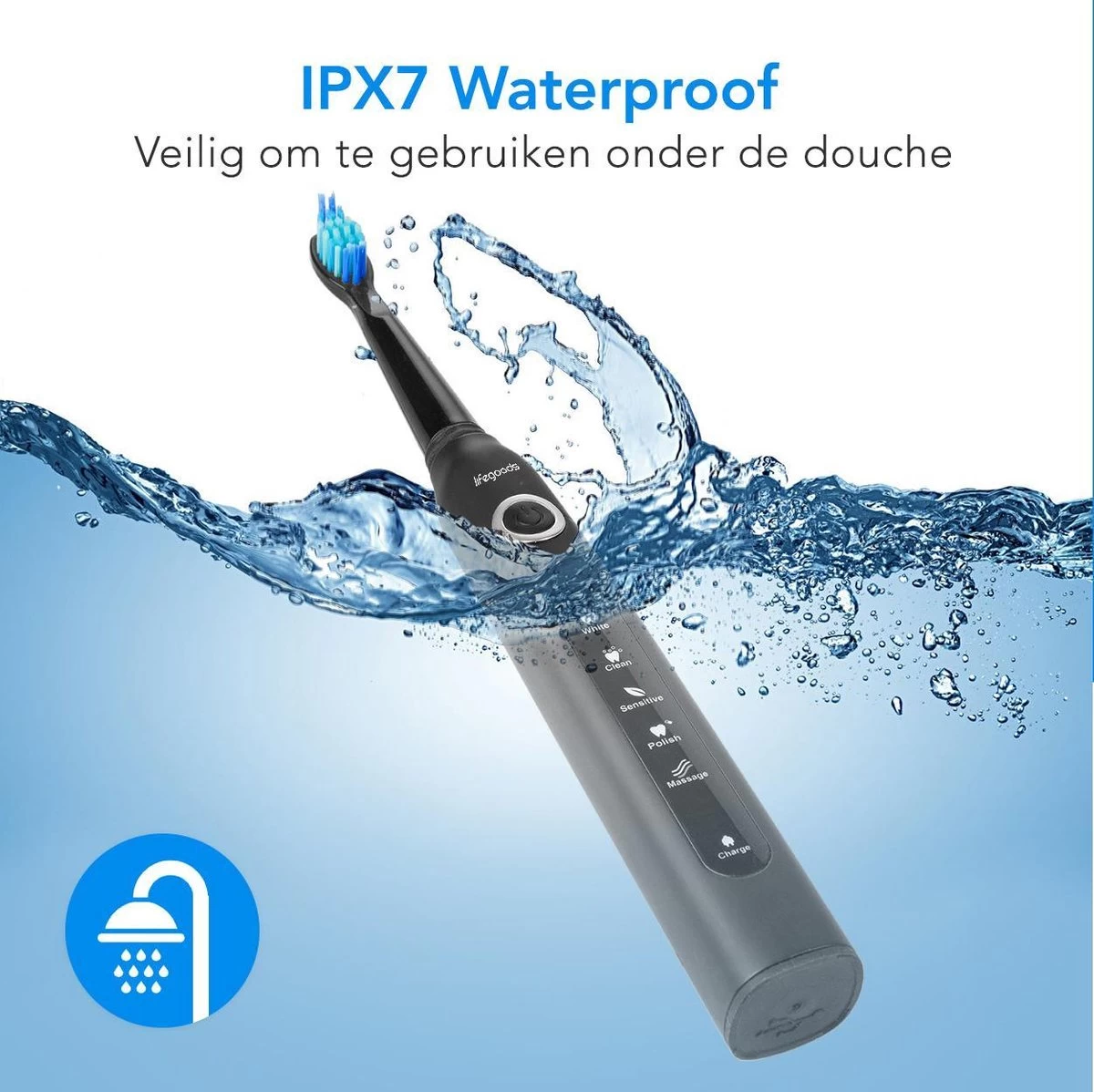 LifeGoods Elektrische Tandenborstel - Oplaadbaar - Veilig Voor Douche - 4 Opzetborstels - Zwart 8 LifeGoods Elektrische Tandenborstel - Oplaadbaar - Veilig Voor Douche - 4 Opzetborstels - Zwart - Afbeelding 6